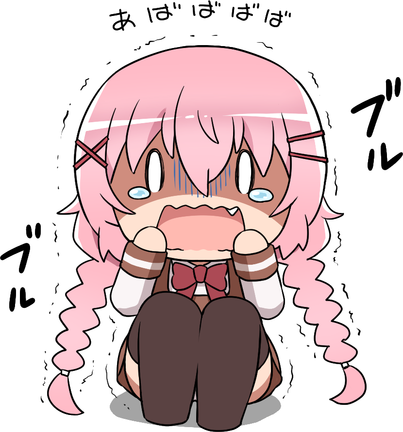 A picture of Kaoruko Moeta shaking and crying with her mouth open.