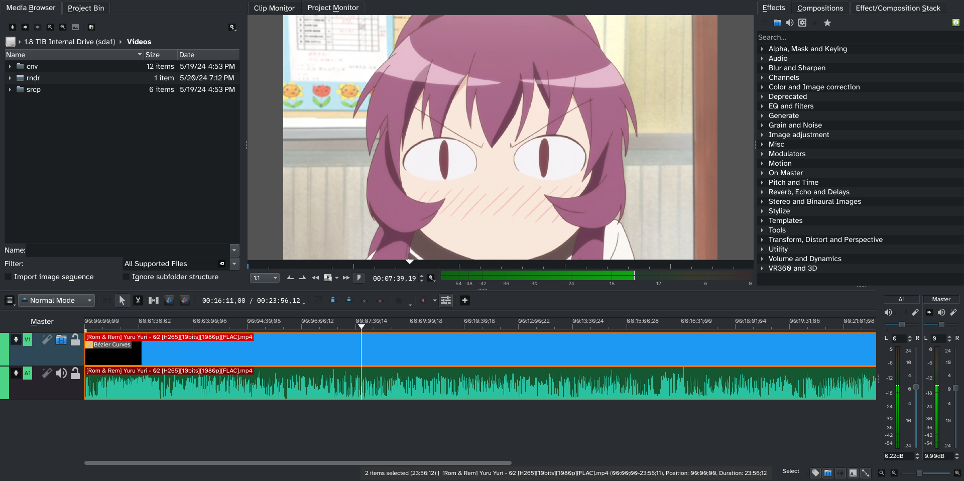 A Screenshot of Kdenlive themed to look like Adobe Premiere Pro 24