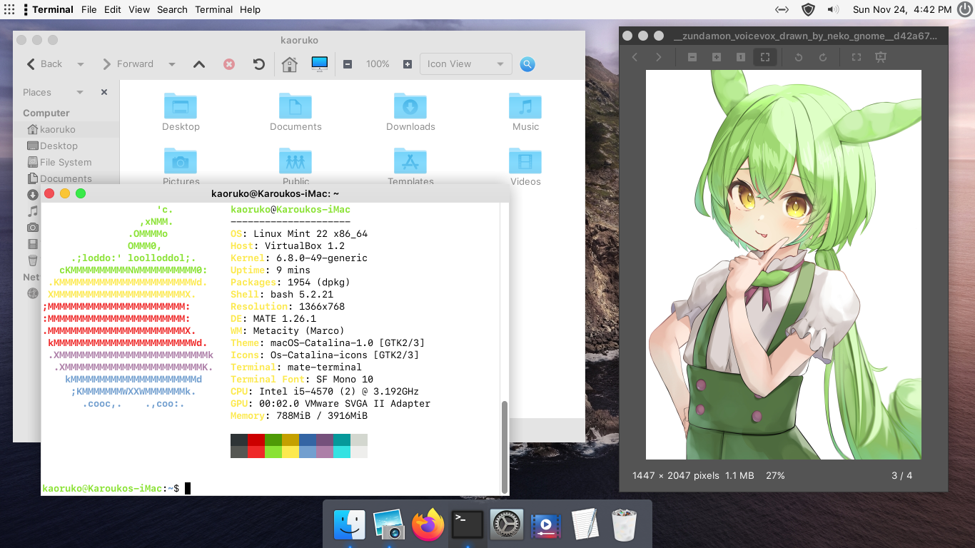 A screenshot of Linux Mint made to look like Mac OS X 10.15, known by its codename of Catalina in its light, also known as day, configuration.