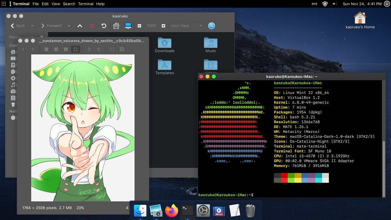 A screenshot of Linux Mint made to look like Mac OS X 10.15, known by its codename of Catalina, in its dark, also known as night, configuration.