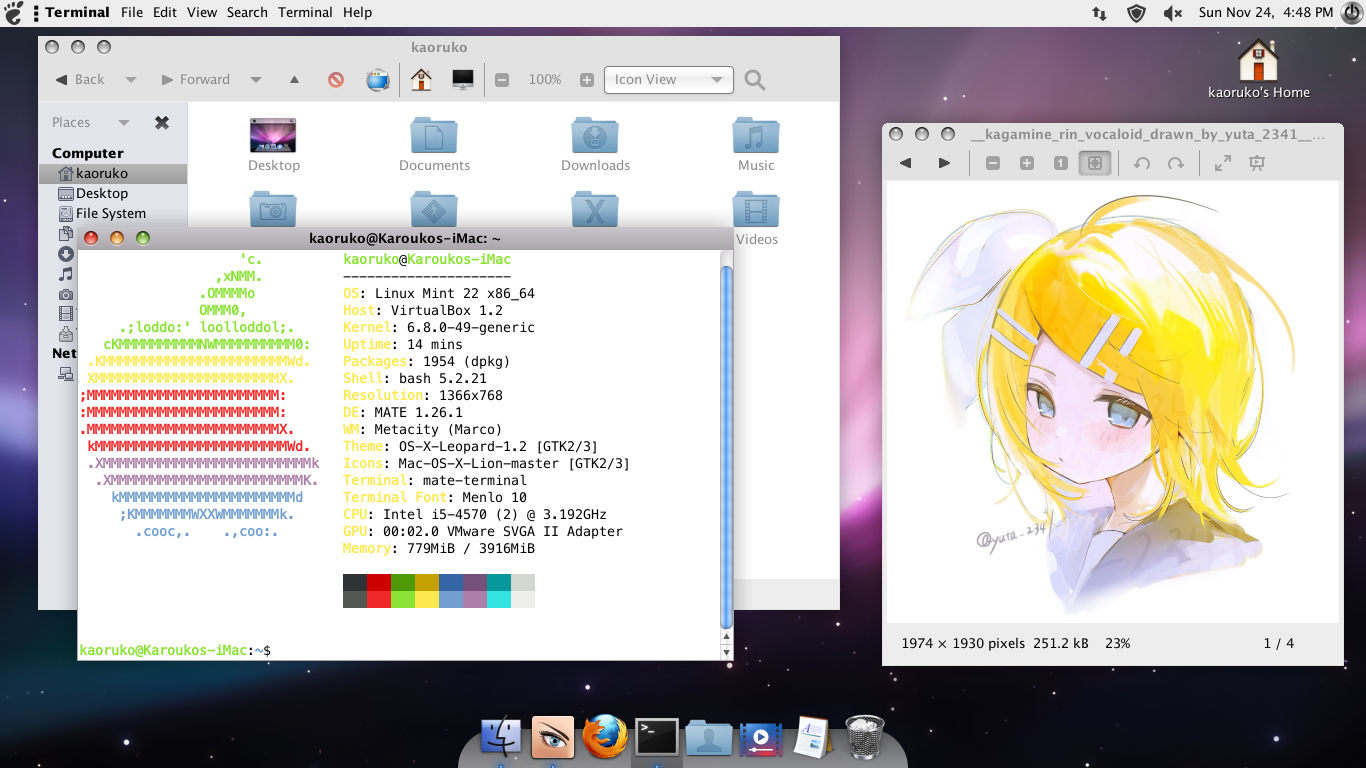 A screenshot of Linux Mint made to look like Mac OS X 10.6, known by its codename of Snow Leopard.