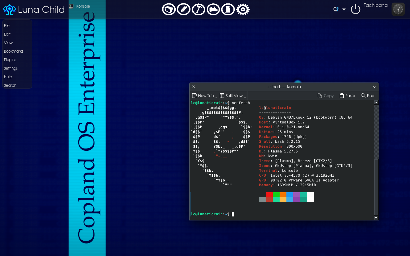 A picture of CoplandOS from the anime Serial Experments Lain recreated in Debian Linux 12 with KDE.