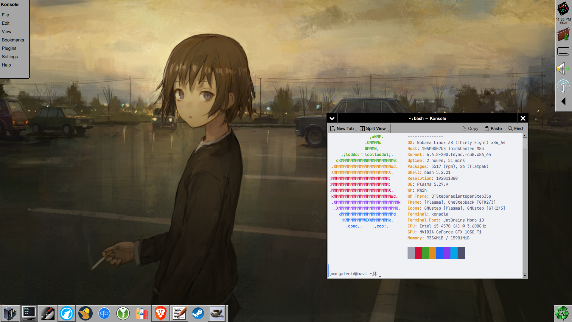 A screenshot of KDE customized to look like the NeXTSTEP operating system, running on Nobara Linux.