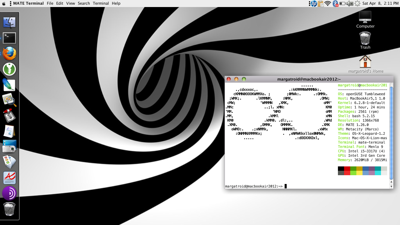 A screenshot of the MATE desktop environment customized to resemble Mac OS X Snow Leopard running on Debian.