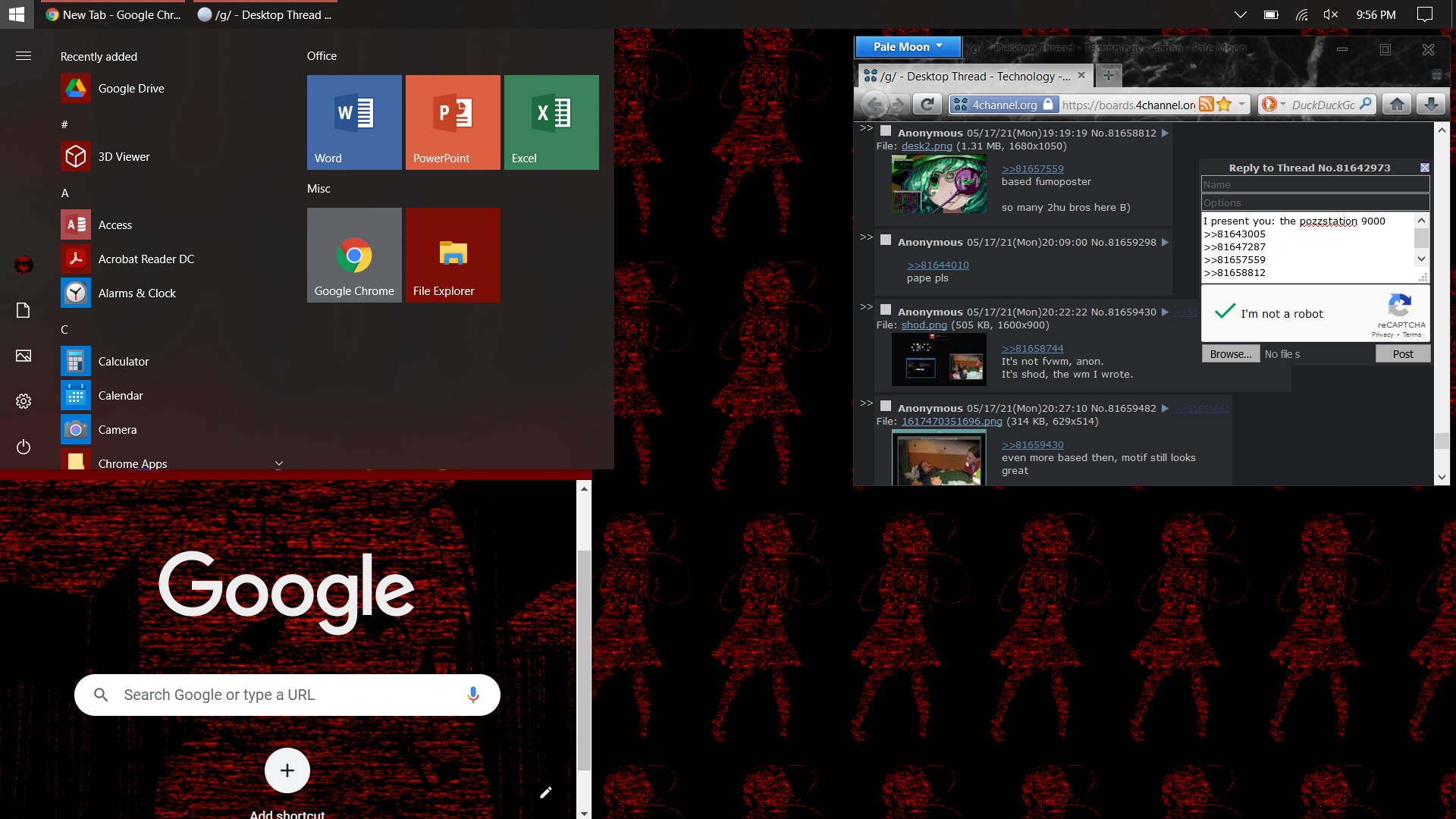 A Screenshot of Windows 10 showing the Google Chrome and Pale Moon web browers, alongside a start menu.